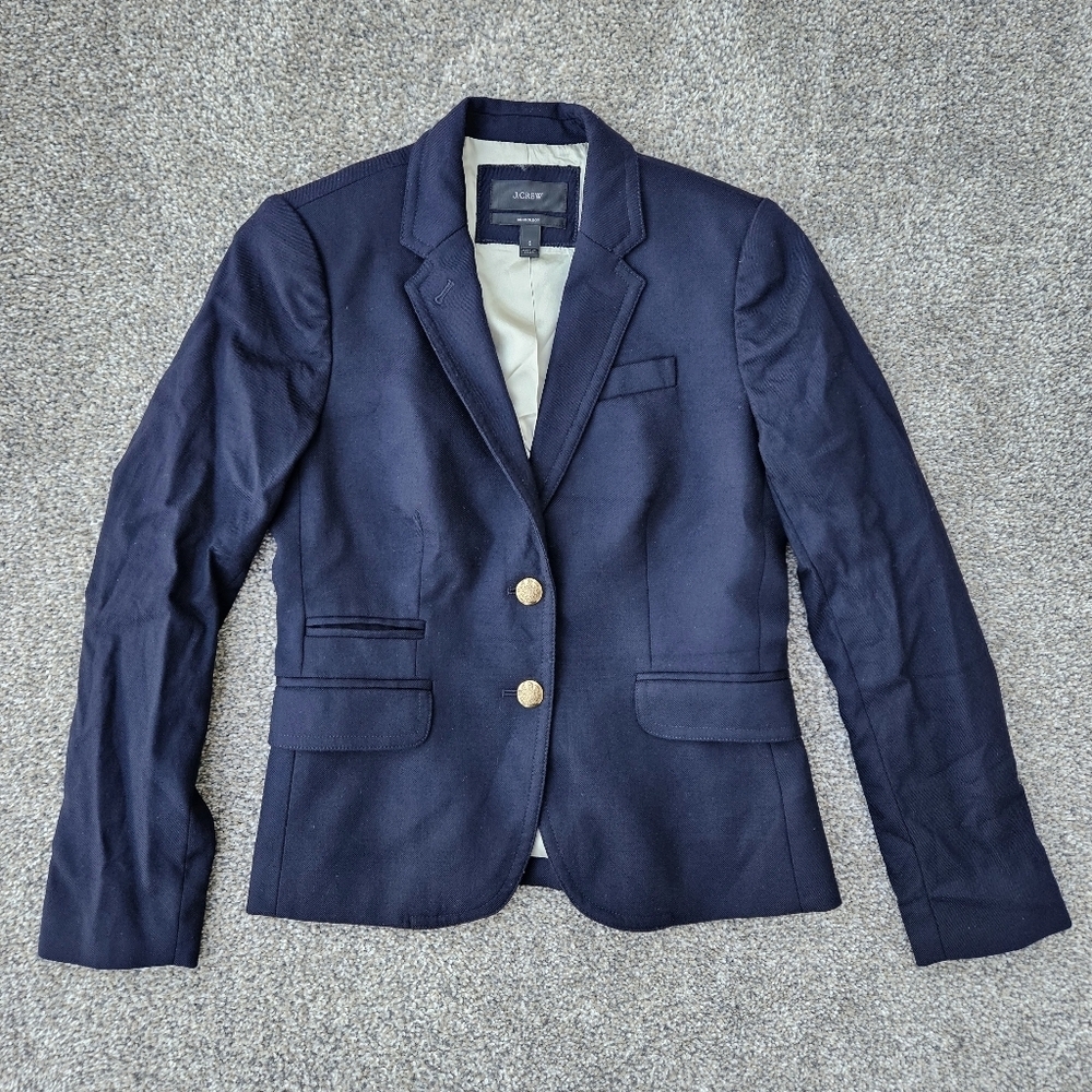 J. Crew Schoolboy Blazer Wool Double Pocket Navy Blue Gold Buttons Jacket Size 0